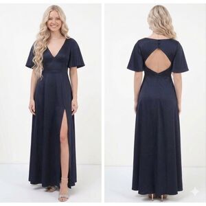 NWT Lulus Elegant Confidence Navy Satin Flutter Sleeve Cutout Maxi Dress